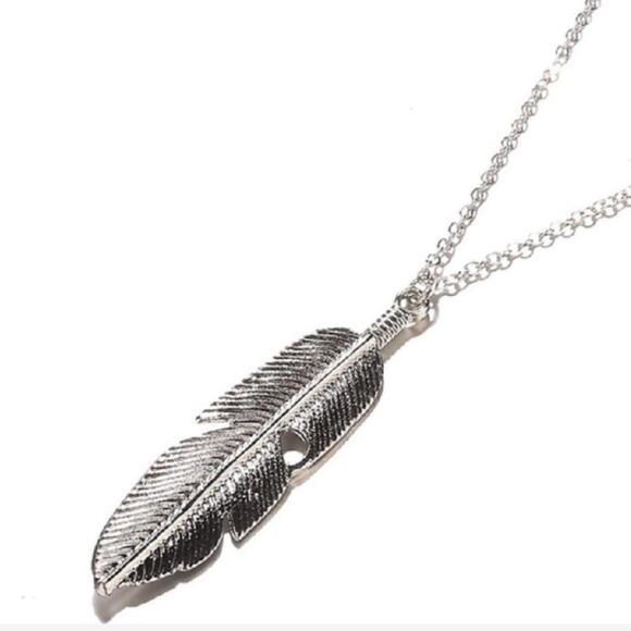 Anthropologie Boho Silver Feather Pendant Necklace - Picture 2 of 4